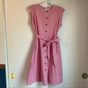 Red / Dark Pink and White Pinstripe Button-Down Dress Vintage Style Shirtdress